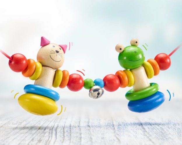 Holz bunte Kinderwagenkette mit Frosch und Katze und Glöckchen