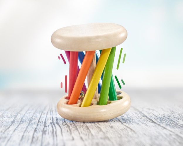 Holz bunter Rollgreifling mit Stäbchen, Glöckchen und Regenbogeneffekt