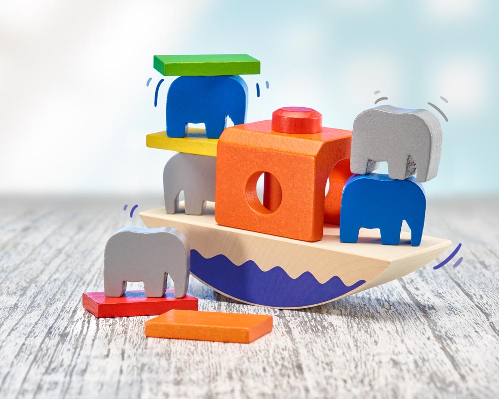 Holz buntes Balancespiel mit Boot und Elefanten
