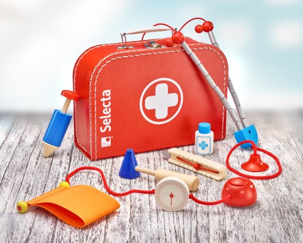 Holz roter Arztkoffer für Kinder mit Stethoskop, Fieberthermometer, Blutdruckmesser, Spritzer und Klopghammer