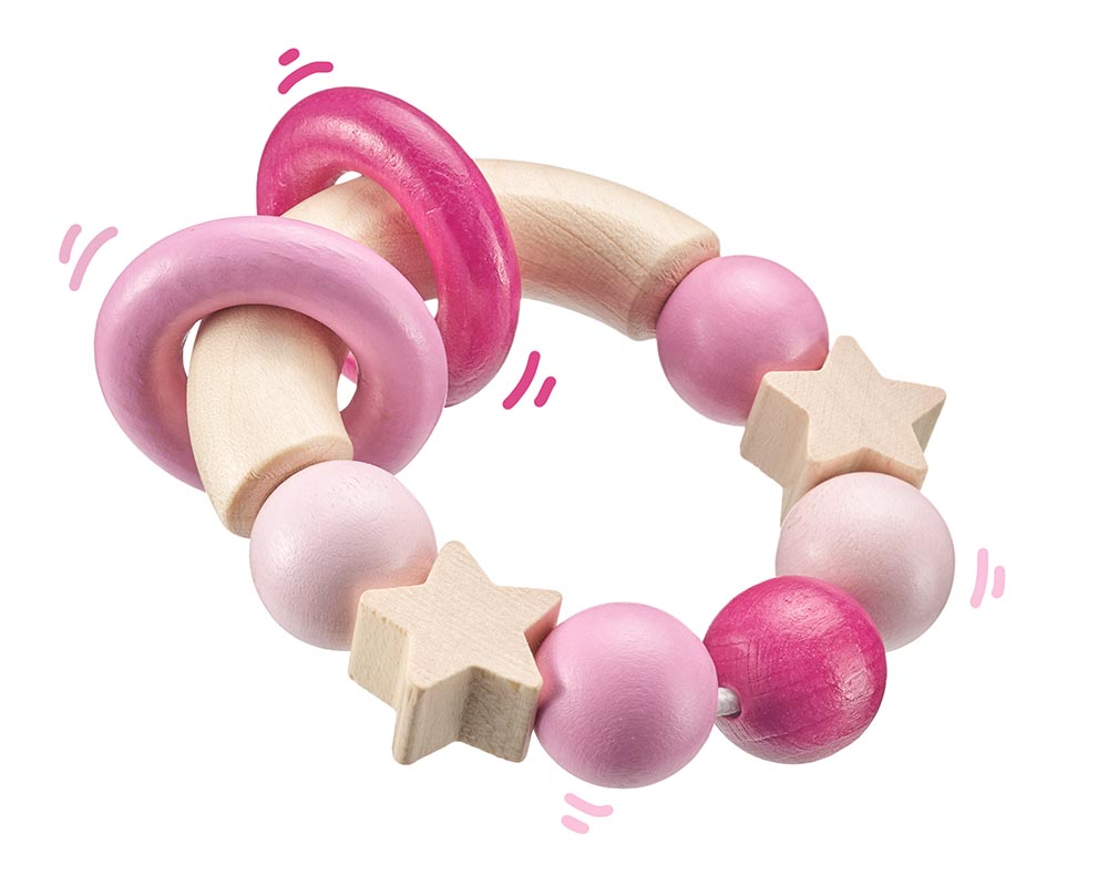 Holz rosa runder Greifling mit Ringen und Sternchen
