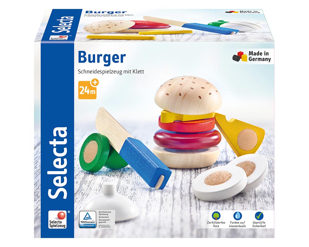 Verpackung Holz bunte Klettspielsteine Burger mit Käse, Zwiebel, Tomate, Fleisch und Holzmesser