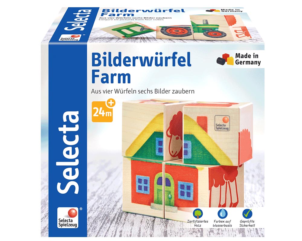 Verpackung Vier Bilderwürfel aus Holz mit 6 Farmmotiven