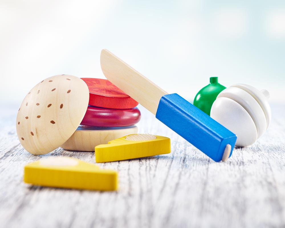 Holz bunte Klettspielsteine Burger mit Käse, Zwiebel, Tomate, Fleisch und Holzmesser