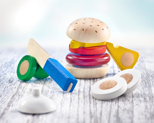 Holz bunte Klettspielsteine Burger mit Käse, Zwiebel, Tomate, Fleisch und Holzmesser