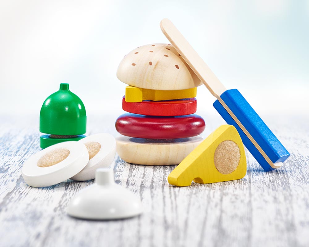 Holz bunte Klettspielsteine Burger mit Käse, Zwiebel, Tomate, Fleisch und Holzmesser