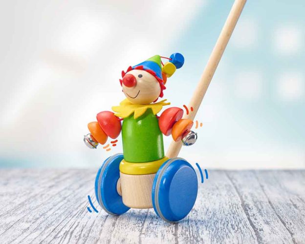 Holz Bunter Schiebeclown mit Glöckchen und Rädern