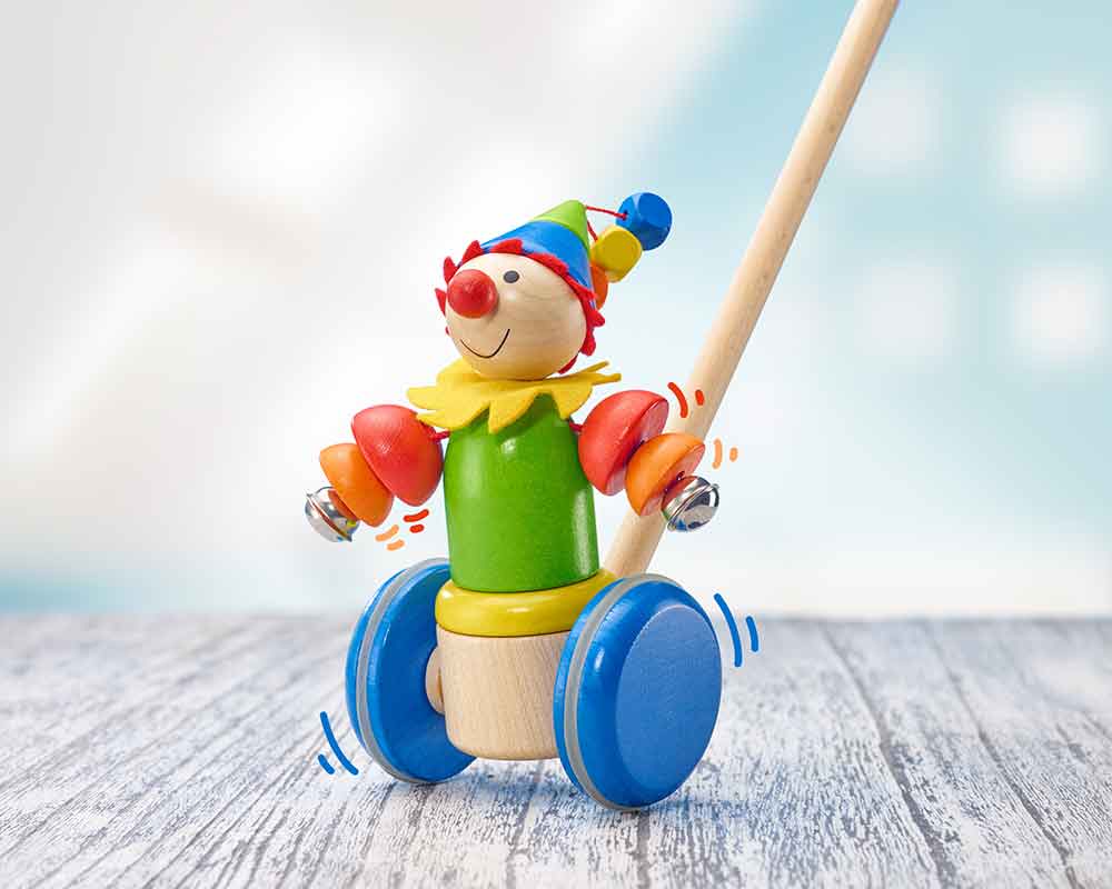 Holz Bunter Schiebeclown mit Glöckchen und Rädern