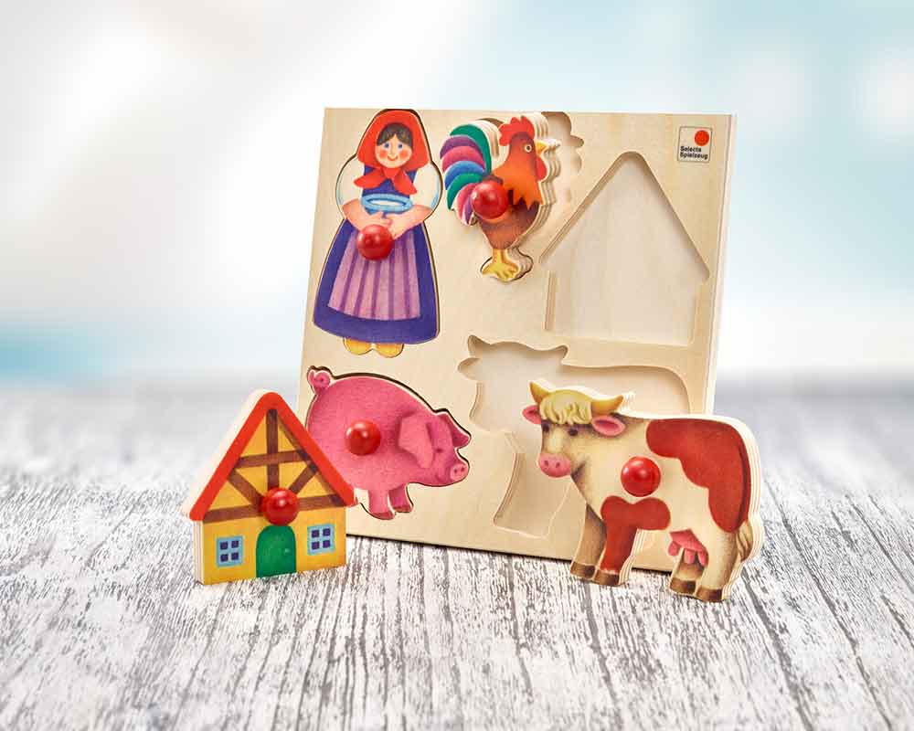 holz steckpuzzle Bauernhof für babys mit Frau, Hahn, Schwein, Kuh, und Haus