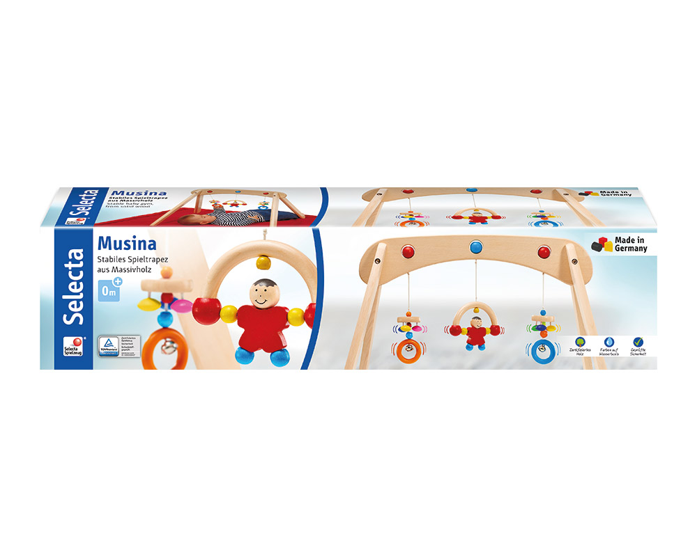 Selecta Musina Baby-Turnbox mit bunten Holzfiguren, geeignet ab 0 Monaten, handgefertigt in Deutschland.