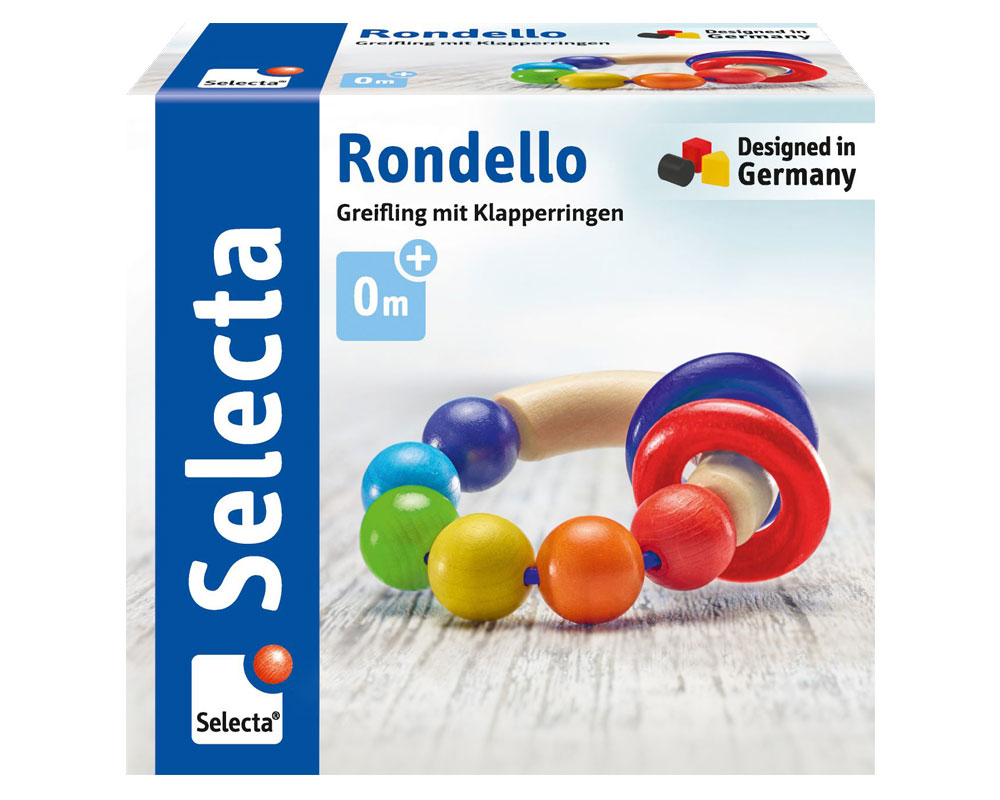 61007_rondello-greifling-holz-spielzeug-p Verpackung mit Selecta Rondello Holz-Greifling-Babyrassel in Regenbogenfarben, ab 0 Monaten, hergestellt in Deutschland.