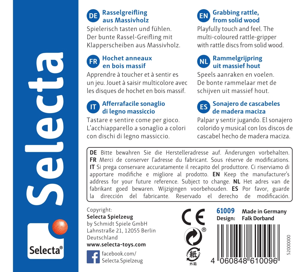 61009_rombino-holz-spielzeug-p-bottom Rückseite der Verpackung des Selecta Holz-Rassel-Greiflings mit Angaben in vielen Sprachen.