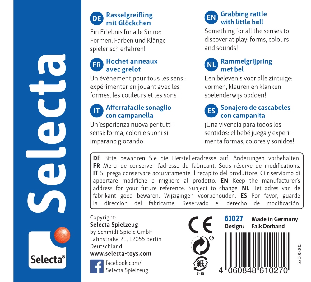 61027_ girali-holz-spielzeug-p-bottom Spielzeugverpackung mit blauem Selecta-Logo, Barcode darunter und der Aufschrift „Holz Stiel Greifling“ in fünf Sprachen.