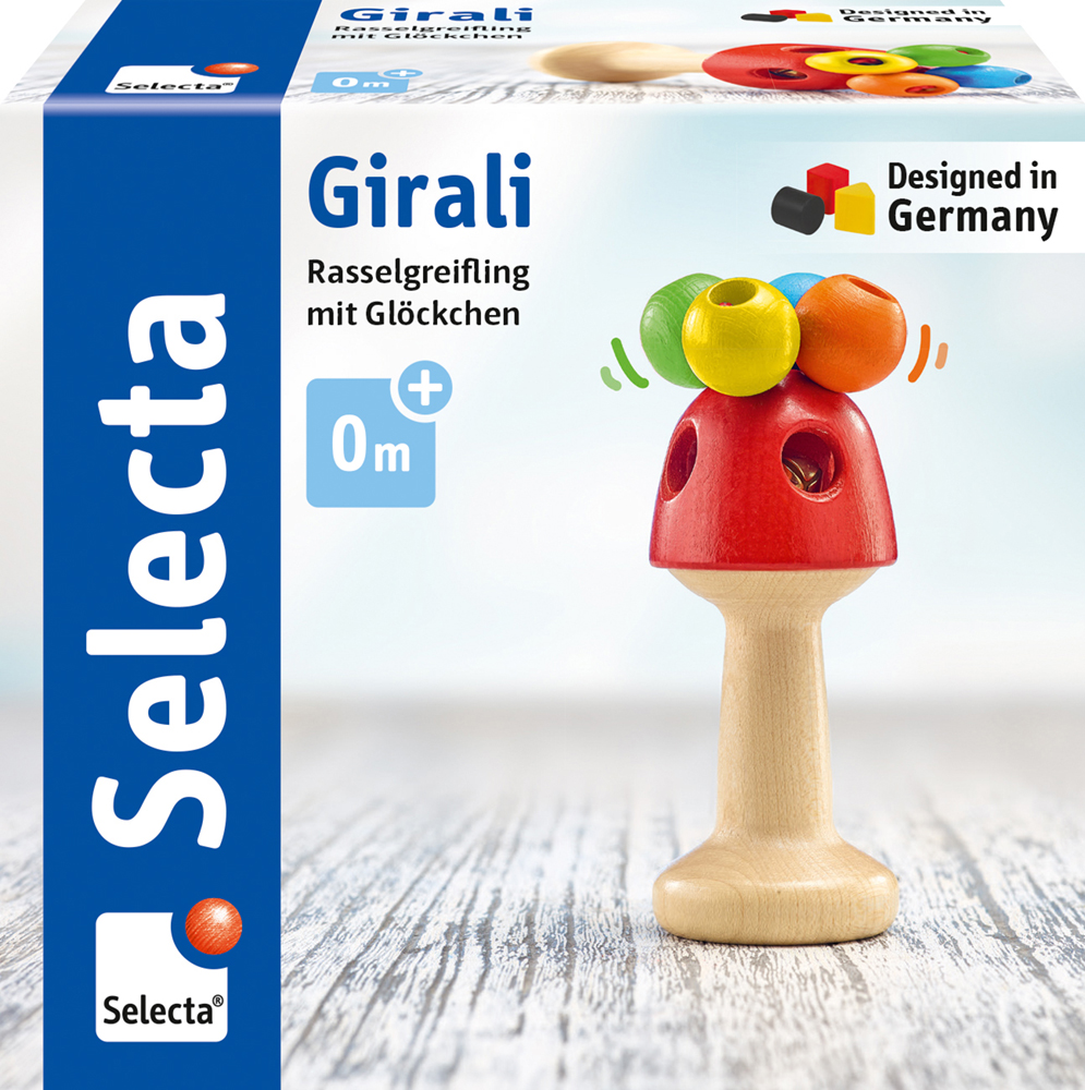 61036_Girondo_FS06_01_2020 Holz-Babyrassel, „Holz Stiel Greifling“, mit bunten Perlen auf einer Selecta Girali-Schachtel, entworfen in Deutschland.