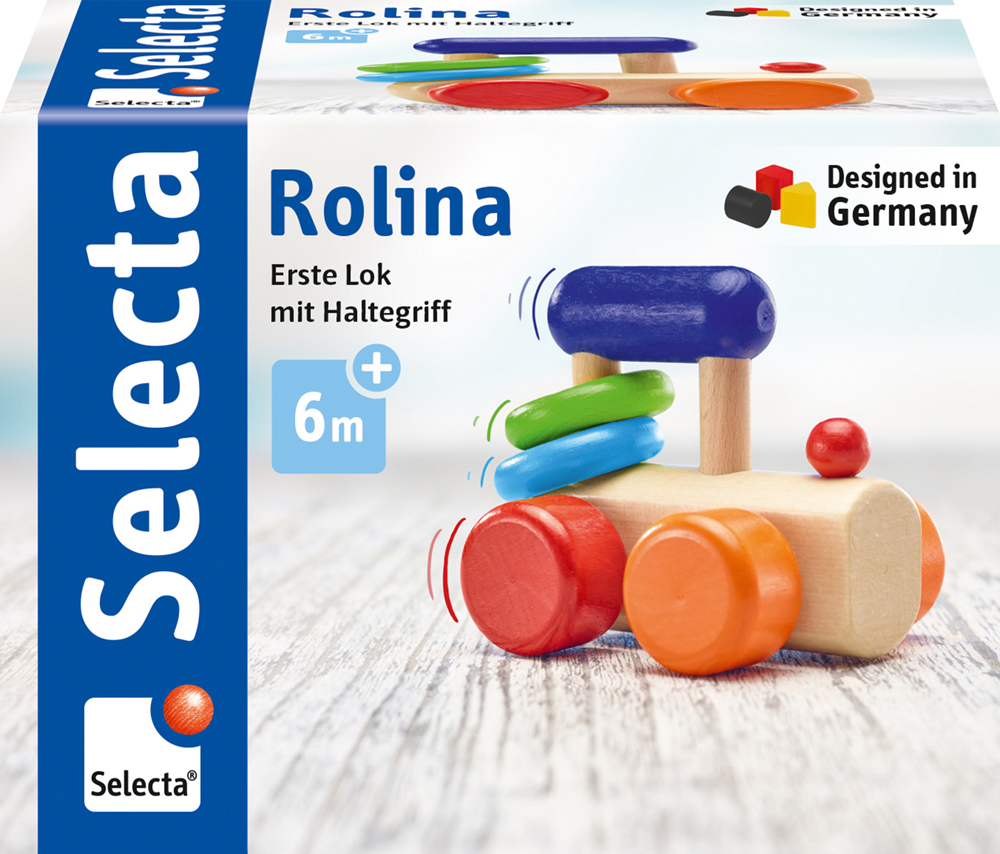 61028_Rolina_FS08_09_2019 Bunter „Holz Rollspielzeug“-Zug mit Ringen auf einer Rolina-Schachtel, ideal als Greifling für Kinder ab 6 Monaten.