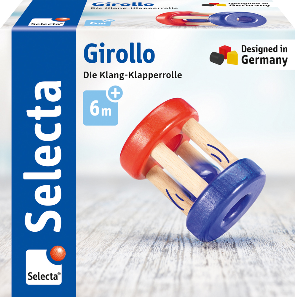 61036_Girondo_FS06_01_2020 Buntes Baby-Rassel-Spielzeug in Girollo-Verpackung, inspiriert von Holz Rollspielzeug, ab 6 Monaten.