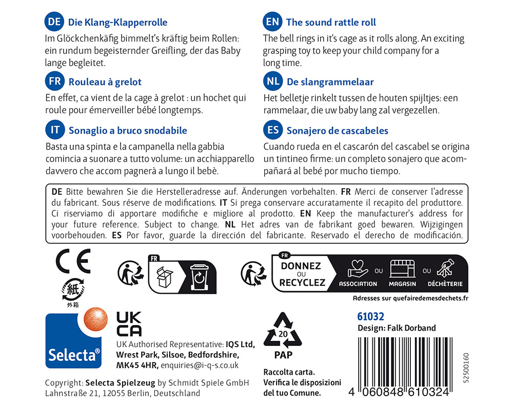 61032_houten-speelgoed-girollo-de-slangrammelaar-p-bottom Produktverpackungsetikett mit mehrsprachigen Beschreibungen für Holzrollspielzeug, Sicherheitssymbolen, Barcode und Recyclinghinweisen.