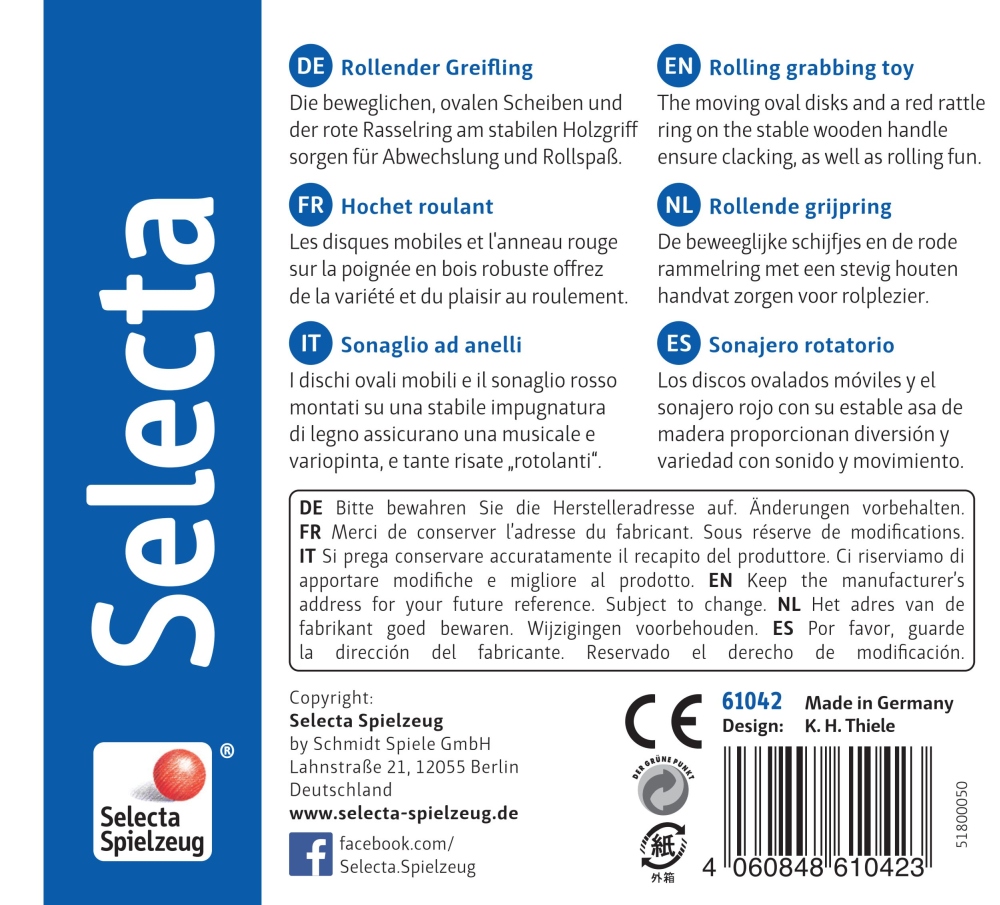 61042_tondelli-holz-spielzeug-p-bottom Produktverpackung mit mehrsaprachigen Spielzeugangaben, dem Selecta-Logo, einem Barcode und Informationen zu „Holz Rollspielzeug Greifling“.