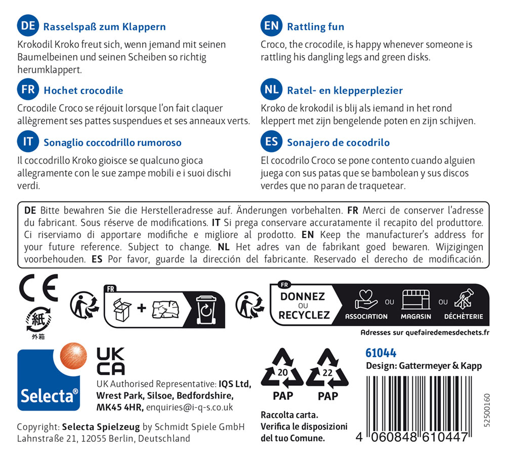 61044_-klapper-kroko-holz-spielzeug-p-bottom Auf der Spielzeugverpackung sind das Selecta-Logo, ein Barcode sowie die Aufschrift „Holz Greifling Rassel Krokodil“ in fünf Sprachen zu sehen.