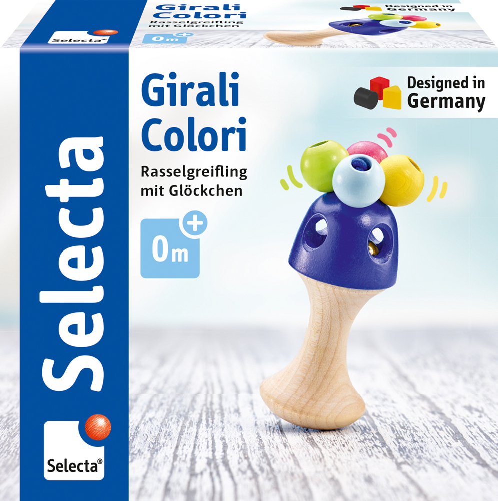 Ein buntes Babyrassel-Spielzeug mit einem Holzgriff auf der Verpackung, beschriftet mit „Girali Colori“ von Selecta.