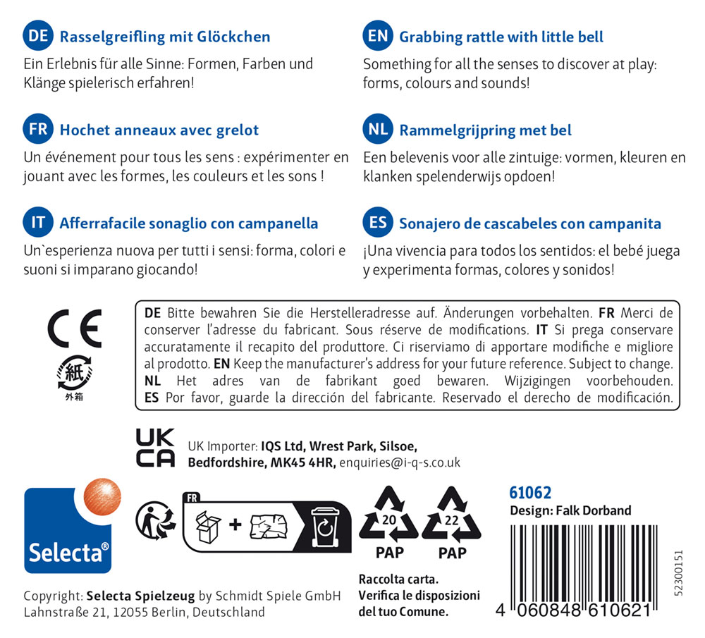 Spielzeugverpackung mit Beschreibungen in mehreren Sprachen, dem Selecta-Logo, einem Barcode und Produktinformationen auf der Seite.