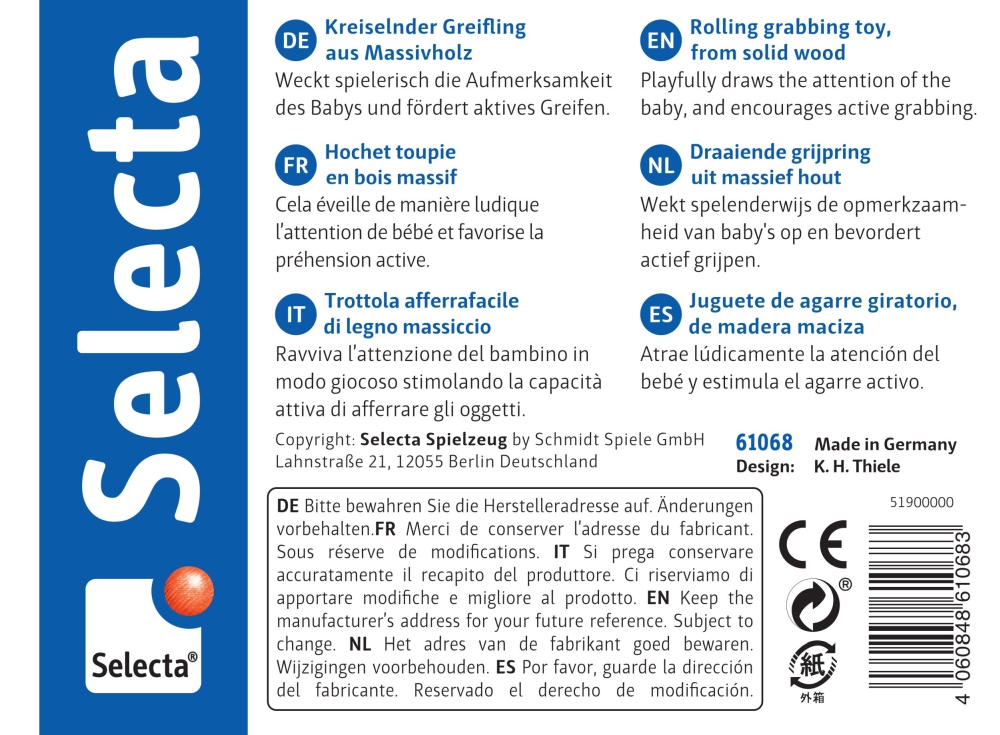 61068_rotondo-holz-spielzeug-p-bottom Produktetikett für das Selecta Rotondo-Babyspielzeug in mehreren Sprachen, mit blauem und weißem Text sowie einem Barcode.