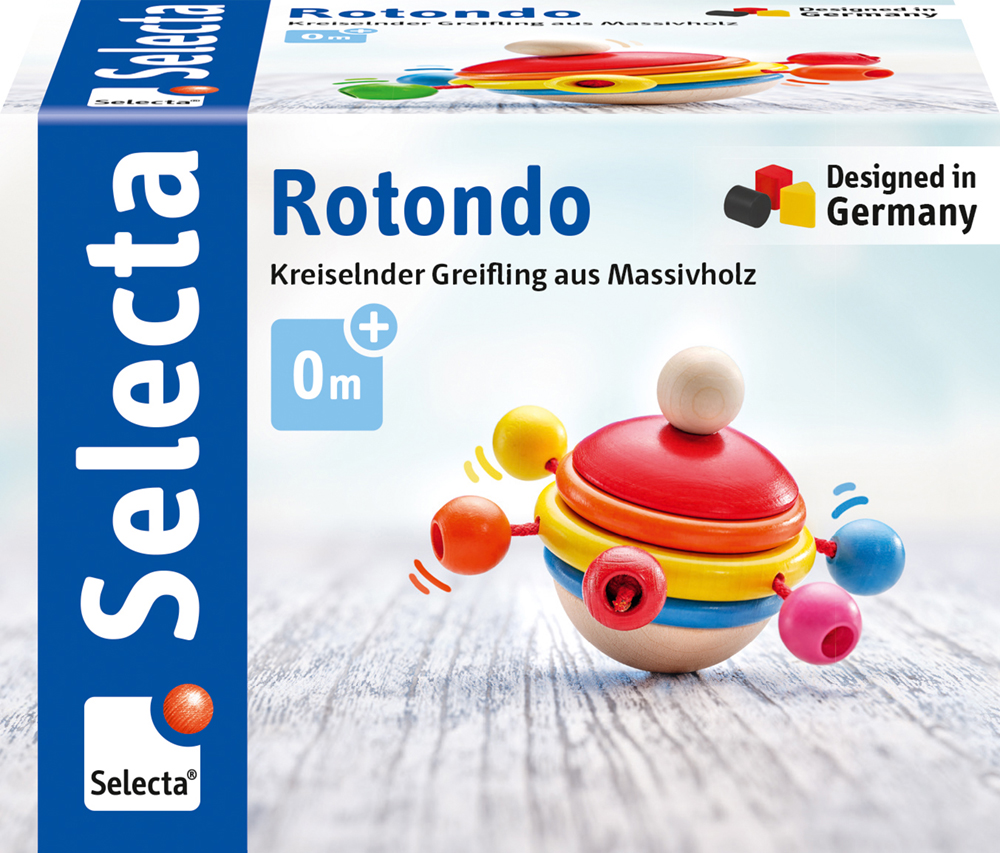 61028_Rolina_FS08_09_2019 Buntes Rotondo-Babyspielzeug aus Holz in der Verpackung, ab 0 Monaten, entworfen in Deutschland von Selecta.