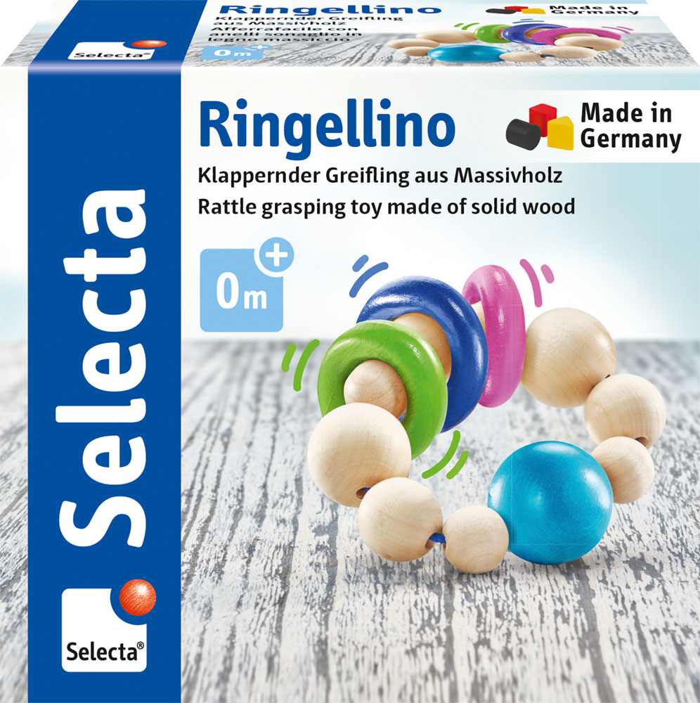 61070-Ringellino-greifling-massivholz-holz-spielzeug-p Verpackung mit „Selecta Ringellino Klappern Greifling“ mit bunten Perlen und dem „Made in Germany“-Etikett, ab 0 Monaten.