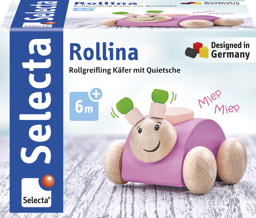 61028_Rolina_FS08_09_2019 Rollina-Holzspielzeug-Käfer mit Smiley-Gesicht und Fühlern, ideal für Kinder ab 6 Monaten.