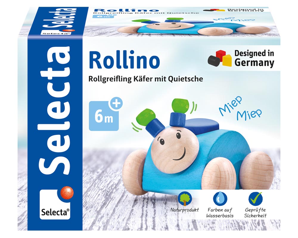 Verpackung Rollino blau Rollgreifling Käfer Holzspielzeug