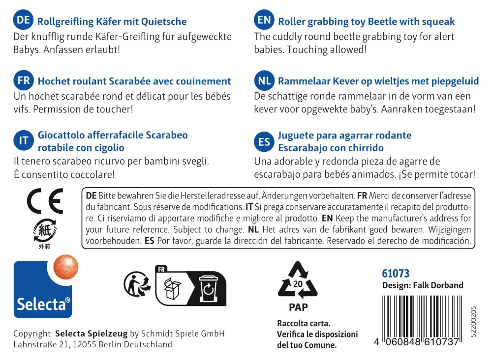 61073_rollino-holz-spielzeug-p-bottom Verpackung mit mehrsprachiger Spielzeugbeschreibung, Sicherheitshinweisen, Recycling-Informationen, Barcode und Unternehmensangaben.