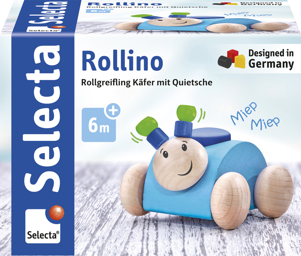 61028_Rolina_FS08_09_2019 Blaues Spielzeugauto mit einem lächelnden Gesicht, Holzrädern und der Aufschrift „Miep Miep“, ab 6 Monaten.