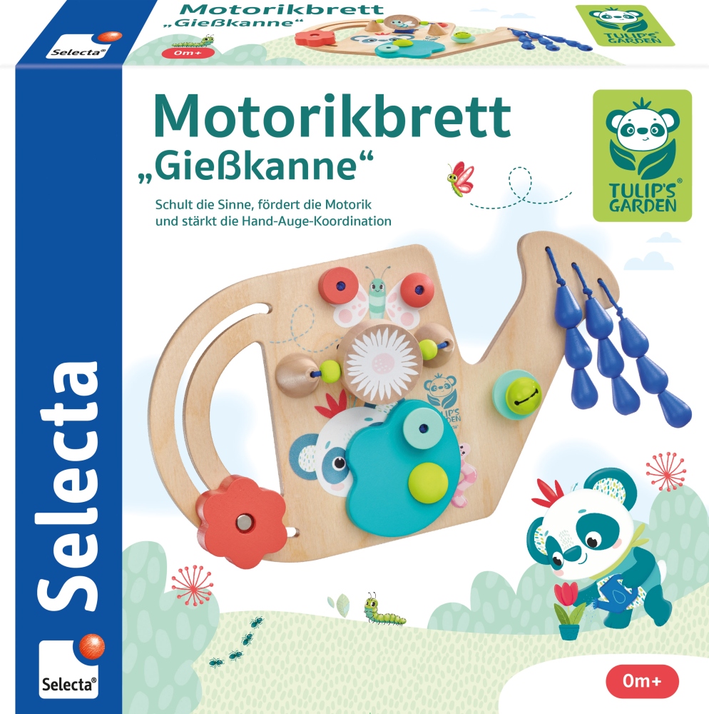 motorikbrett_box_08.05.2023 Spielzeug-Gießkanne aus Holz mit bunten Elementen, Perlen und Blumen zur Förderung der motorischen Fähigkeiten, von Selecta.