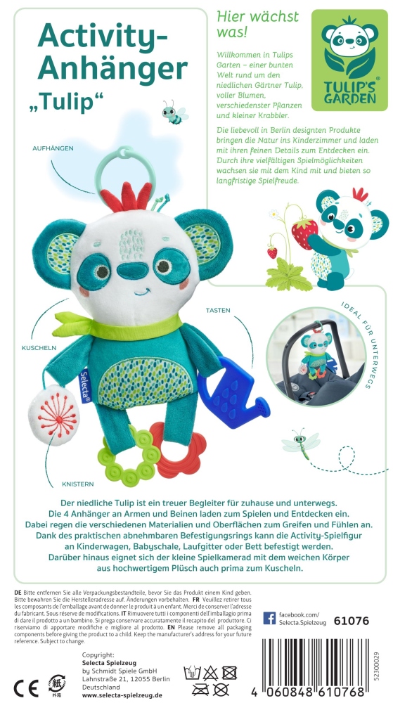 61076_tulip-anhaenger-holz-spielzeug-p-bottom Plüsch-Affe in Blau mit bunten Details, zum Befestigen am Kinderwagen; inklusive Produktinformationen auf Deutsch und Englisch.