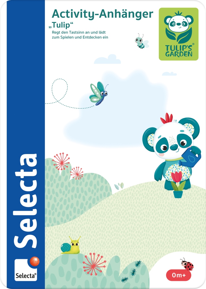 activity_anhänger_09.05.2023 Cartoon-Panda mit einer Tulpe, Insekten und einem Schmetterling im Gras; „Selecta“, „Tulips Garden“ – Anhänger-Etiketten sind zu sehen.