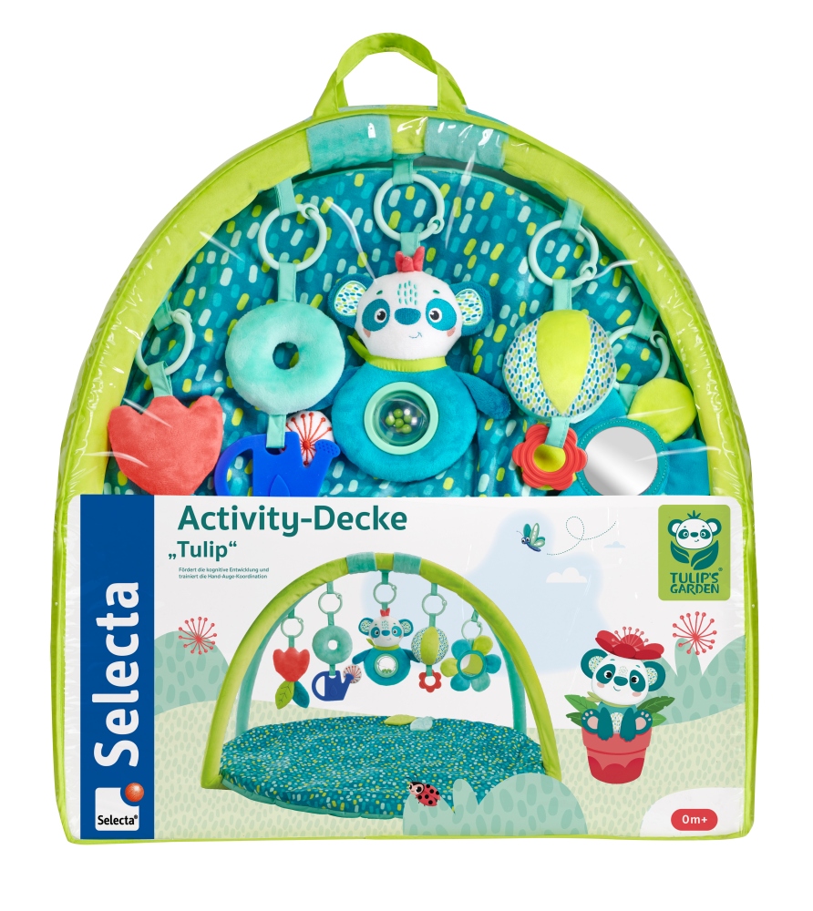 61078_tulip-activity-decke-holz-spielzeug-p-2 Grün-blaue Baby-Spielmatte mit hängenden Spielzeugen; auf der Verpackung sind Pandas und Blumen abgebildet.