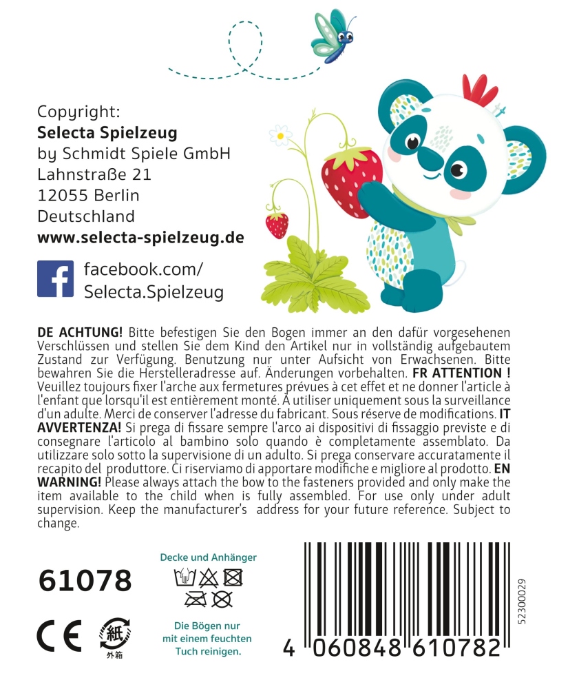 61078_tulip-activity-decke-holz-spielzeug-p-bottom Bunter Comic-Drache mit Erdbeeren, der sich auf einer Decke zusammenrollt, umgeben von Sicherheitshinweisen in vielen Sprachen.