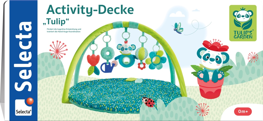 activity_decke_08.05.2023 Baby-Spielmatte mit Hängespielzeug, einem Panda in einem Blumentopf und einer grünen Decke mit Blumen- und Marienkäfermotiven.