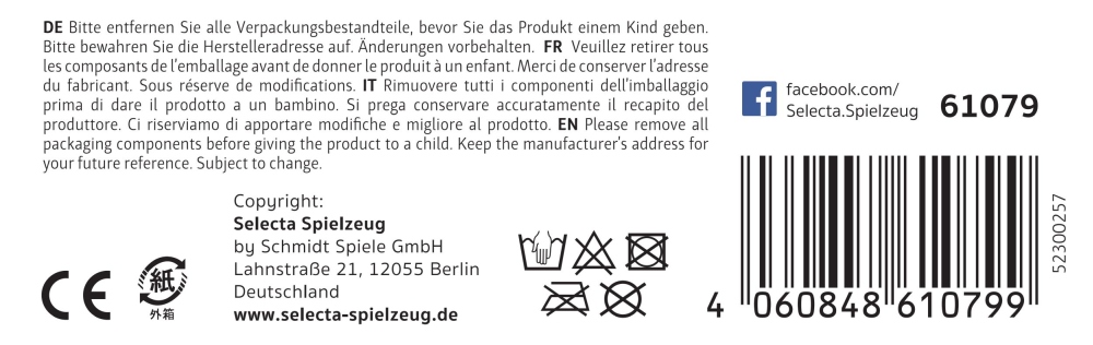 61079_tulip-schmusetuch-holz-spielzeug-p-bottom Produktverpackungsetikett für ein Schmusetuch mit Gebrauchsanweisung in Deutsch, Französisch und Italienisch, Barcode und Unternehmensangaben.