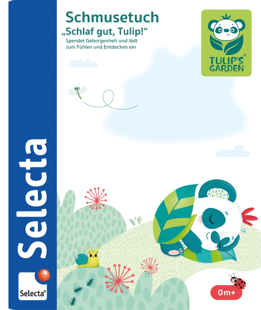 schmusetuch_09.2023_print Illustration eines Pandas, der wie in ein Schmusetuch in ein Blatt eingewickelt ist, mit den Logos von Selecta und Tulips Garden.