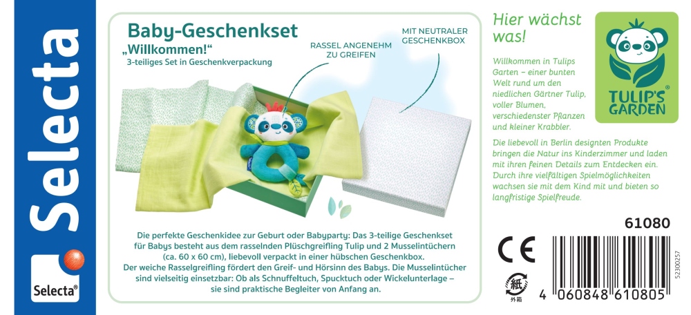 61080_tulip-geschenk-holz-spielzeug-p-bottom Baby-Geschenkset mit Plüsch-Panda, grünem Tuch und weißem Tuch, präsentiert vor einem hellgrünen Hintergrund.