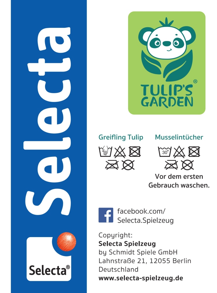 61080_tulip-geschenk-holz-spielzeug-p-side Auf dem Produktetikett sind Selecta, ein Panda aus einem Zeichentrickfilm, Waschanweisungen sowie die Kontaktdaten von Geschenkset abgebildet.
