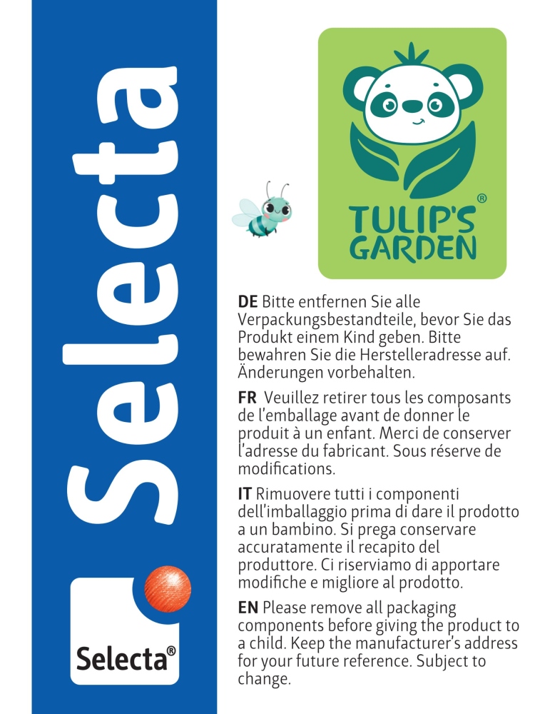 61080_tulip-geschenk-holz-spielzeug-p-side2 Produktetikett für ein Geschenkset mit dem Selecta-Logo, dem Tulips Garden-Panda-Logo und Sicherheitshinweisen in vier Sprachen.
