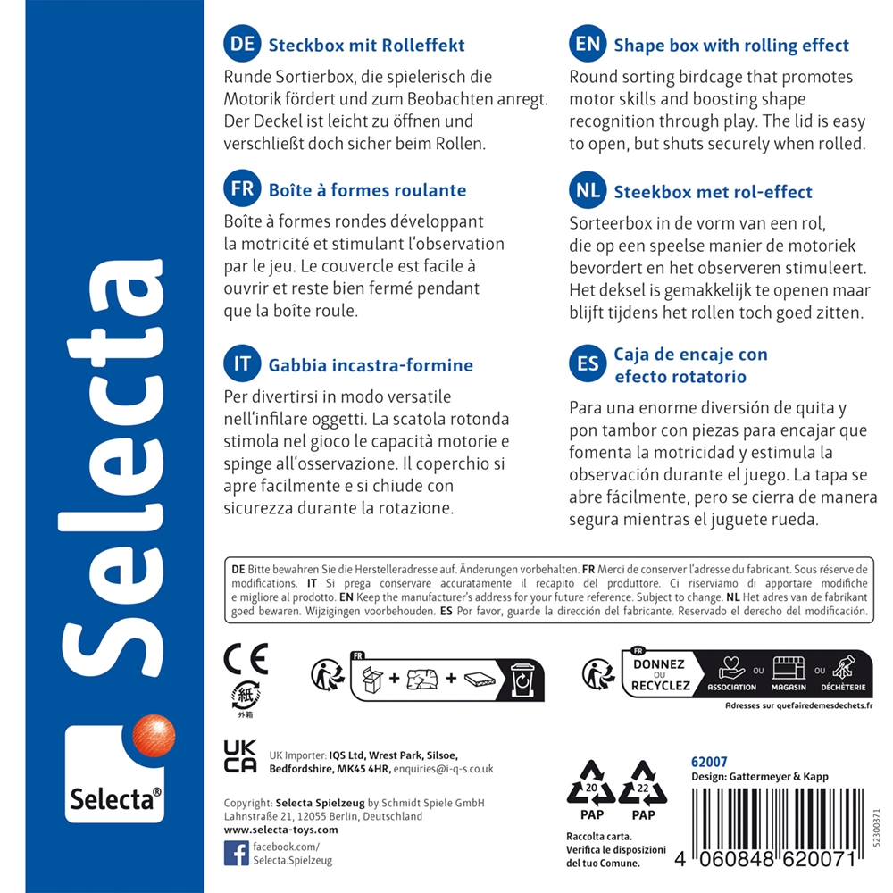62007_Sortierrolle_FS50_112023-RZ Verpackung für eine Selecta Holz Sortierrolle mit Produktbeschreibungen in sechs verschiedenen Sprachen.