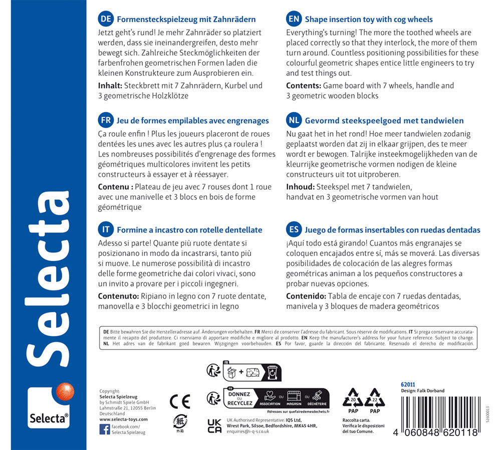 Spielzeugset-Verpackung mit Beschriftungen in fünf Sprachen, auf der die Zahnräder, die Kurbel, der Sockel und die Holzklötze von „Holz Kurbelspaß“ abgebildet sind.