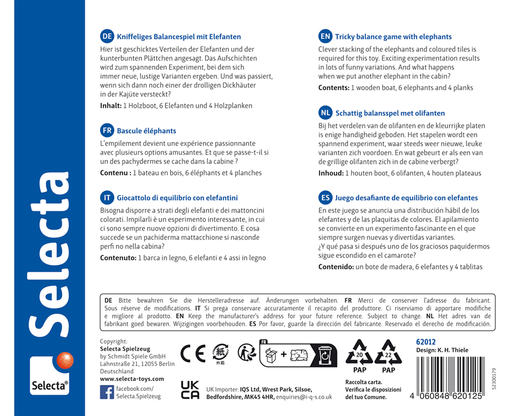 62012_Wippofant_FS11_072023-meinRZ-Pfade Produktverpackung für ein Holz Balancespiel Kinder Wippe, mit Anleitungen in mehreren Sprachen.