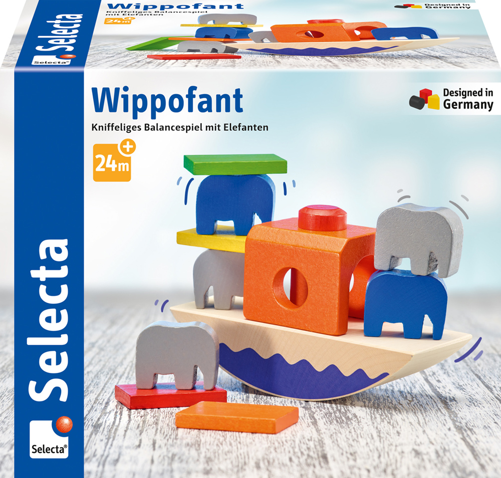 62020_Picknick_FS11_11_2019 Verpackung des „Selecta Holz Balancespiel Wippofant“ mit auf einem bunten Wippsockel gestapelten Holzelefanten.