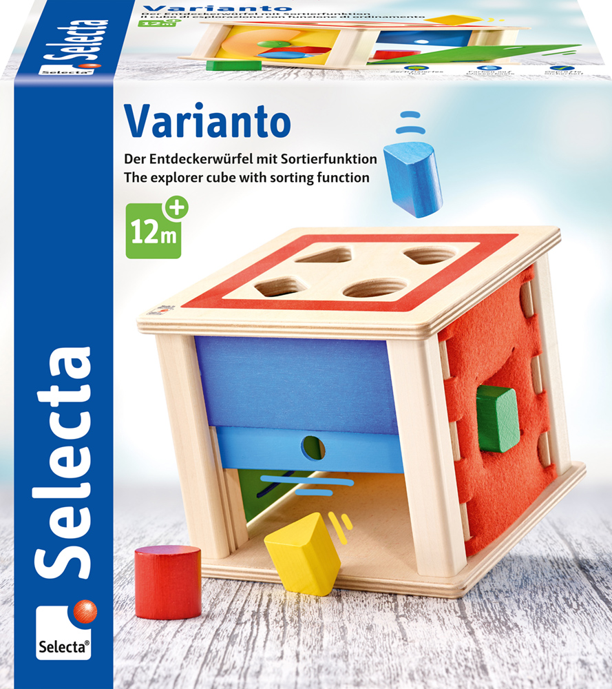 62019_Varianto_FS18_05_2020 Holz-Sortierbox in Würfelform mit bunten Formen, ideal für Kinder ab 12 Monaten.