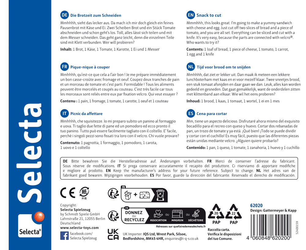 Produktverpackungsanleitung für das Holz Brotzeit Spielnahrungsset, dargestellt in sechs Sprachen mit Symbolen und Recycling-Tipps.