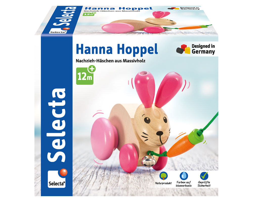 Verpackung Hanna Hoppel Nachziehtier Hase Holzspielzeug